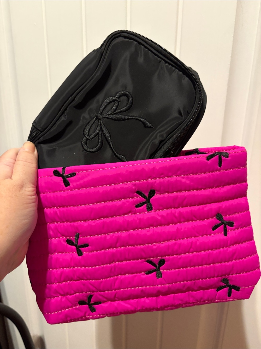 Hot Pink Quilted Bow Embroidered Pouch - Women Bags